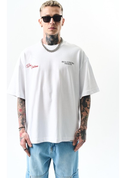Erkek Godfather Baskılı Oversize T-Shirt Beyaz