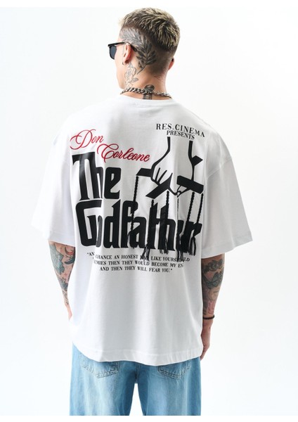 Erkek Godfather Baskılı Oversize T-Shirt Beyaz modelleri