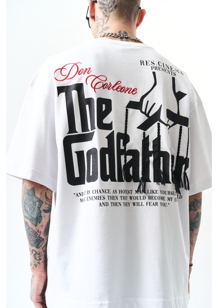 Erkek Godfather Baskılı Oversize T-Shirt Beyaz indirimleri