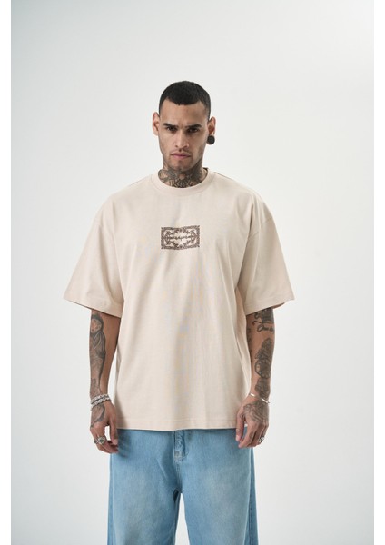 Erkek Ornaments Baskılı Oversize T-Shirt Bej