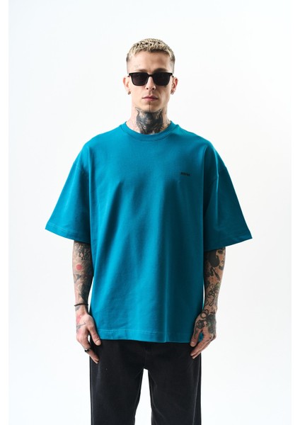Erkek Respire Yazı Detaylı Oversize T-Shirt Petrol
