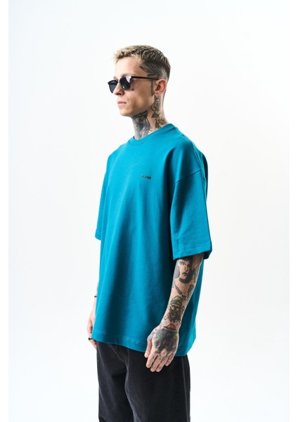 Erkek Respire Yazı Detaylı Oversize T-Shirt Petrol fiyatları
