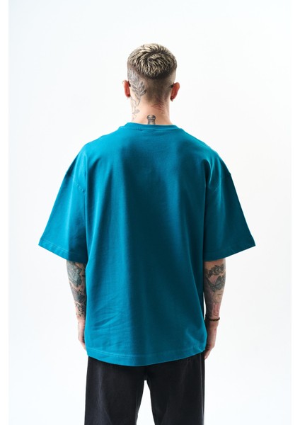 Erkek Respire Yazı Detaylı Oversize T-Shirt Petrol modelleri