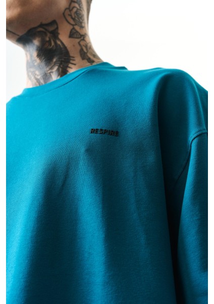 Erkek Respire Yazı Detaylı Oversize T-Shirt Petrol fırsatları