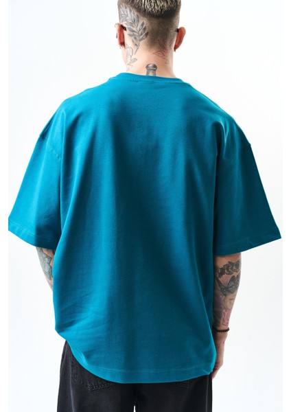 Erkek Respire Yazı Detaylı Oversize T-Shirt Petrol indirimleri