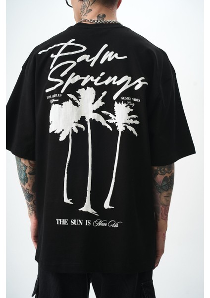 Erkek Palm Baskılı Oversize T-Shirt Siyah indirimleri