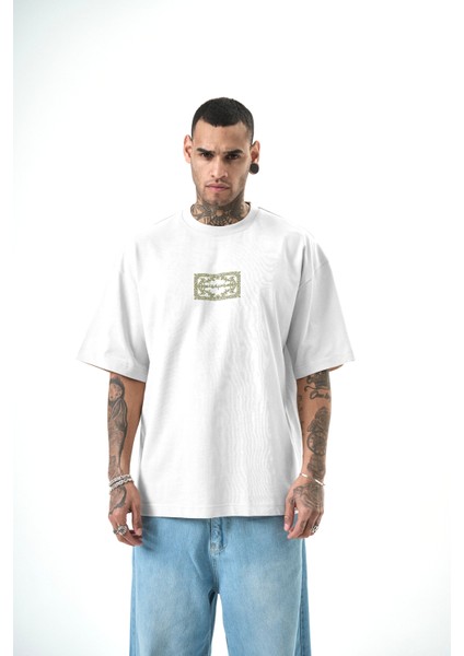 Erkek Ornaments Baskılı Oversize T-Shirt Beyaz
