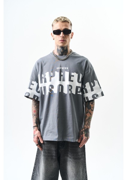 Erkek Orpheus Baskılı Oversize T-Shirt Füme