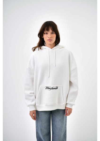 Kadın Want From Us Yazılı Oversize Hoodie Ekru