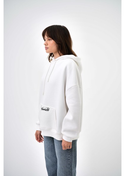 Kadın Want From Us Yazılı Oversize Hoodie Ekru