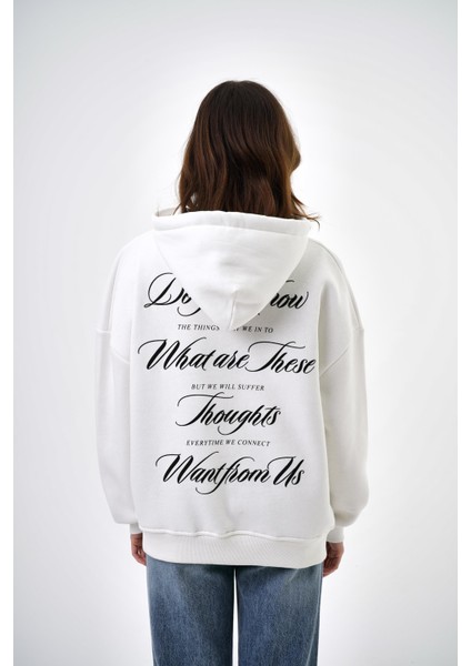Kadın Want From Us Yazılı Oversize Hoodie Ekru
