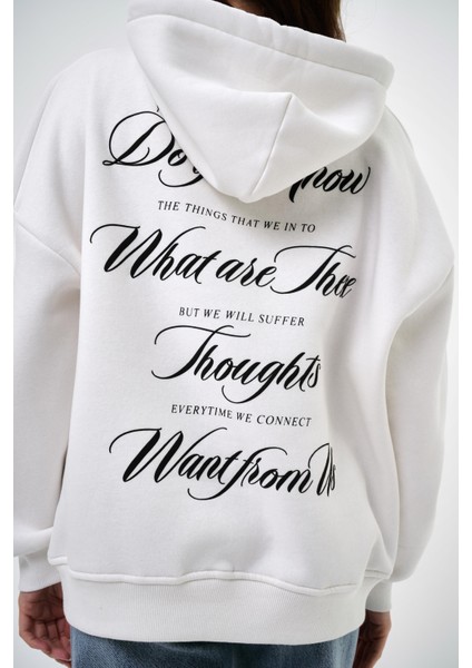 Kadın Want From Us Yazılı Oversize Hoodie Ekru