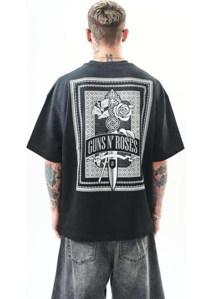 Erkek Guns Roses Baskılı Oversize T-Shirt Siyah