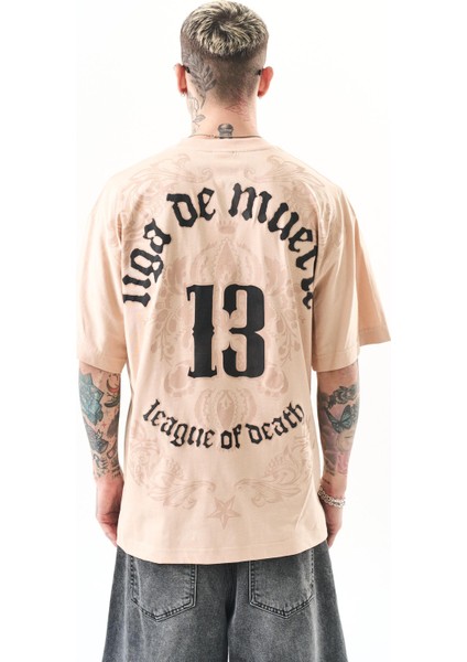 Erkek 13 Baskılı Oversize T-Shirt Bej