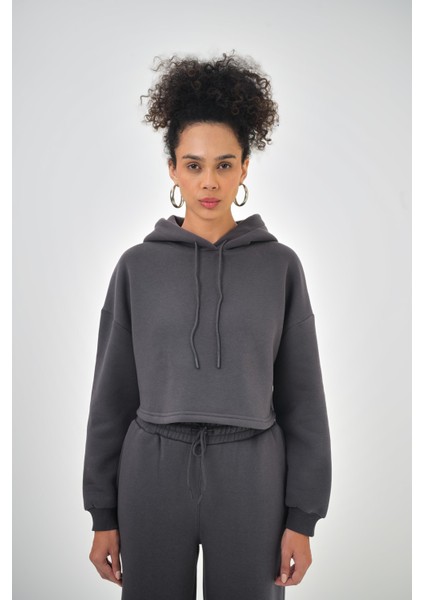Kadın Basic Oversize Crop Hoodie Lacivert