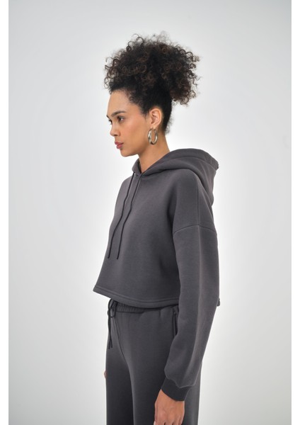 Kadın Basic Oversize Crop Hoodie Lacivert