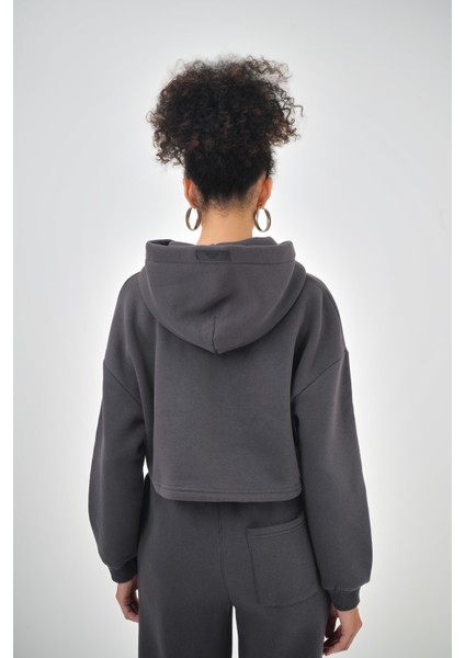 Kadın Basic Oversize Crop Hoodie Lacivert