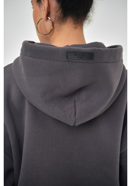 Kadın Basic Oversize Crop Hoodie Lacivert