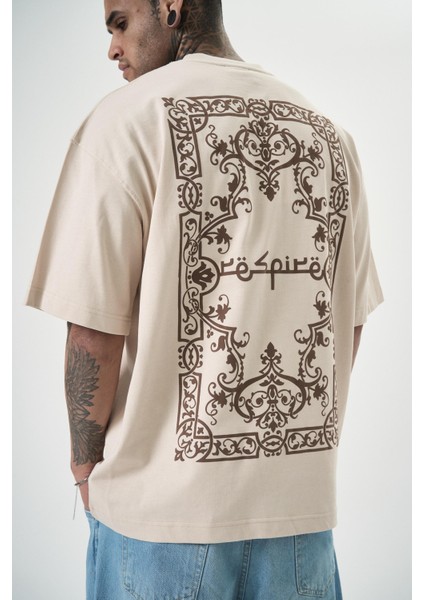 Erkek Ornaments Baskılı Oversize T-Shirt Bej indirimleri