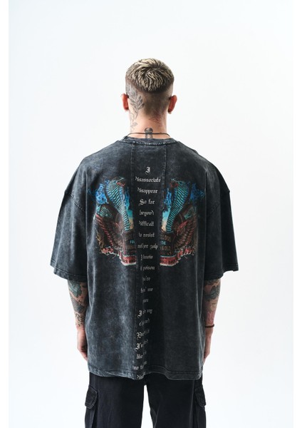 Erkek Snake Baskılı Yıkamalı Oversize T-Shirt Siyah modelleri