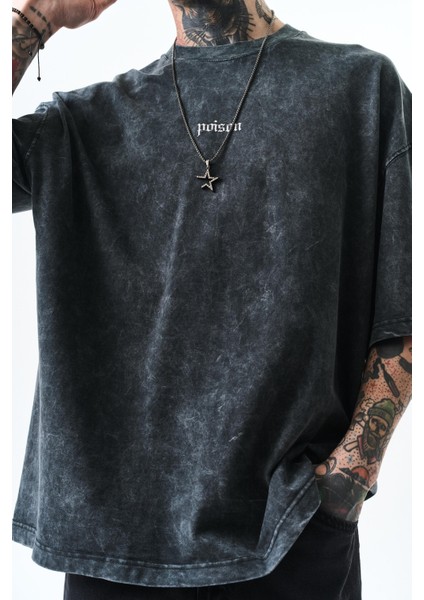 Erkek Snake Baskılı Yıkamalı Oversize T-Shirt Siyah fırsatları