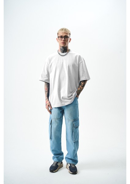 Erkek Palm Baskılı Oversize T-Shirt Beyaz