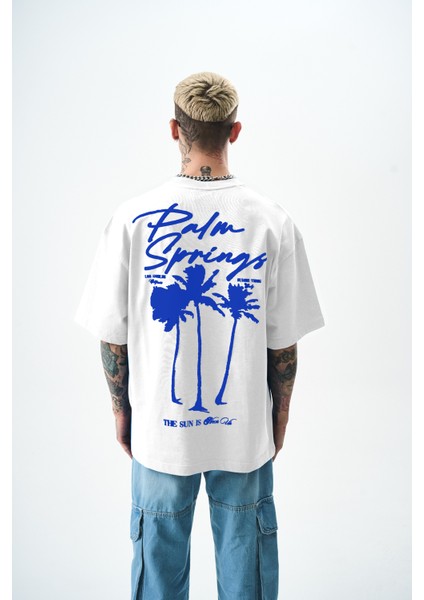 Erkek Palm Baskılı Oversize T-Shirt Beyaz modelleri