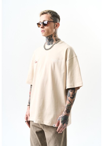 Erkek Godfather Baskılı Oversize T-Shirt Bej fiyatları