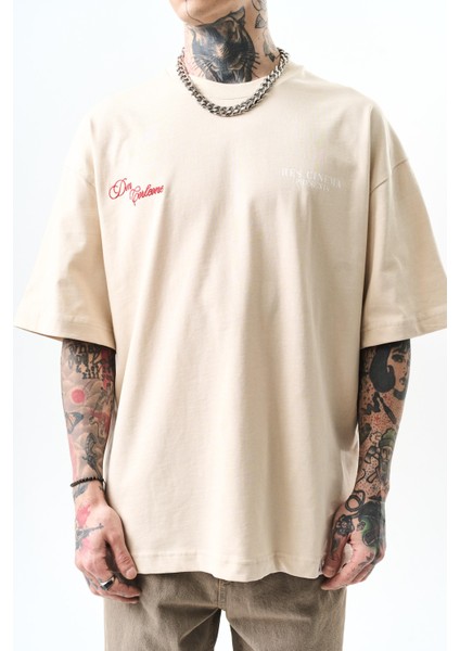 Erkek Godfather Baskılı Oversize T-Shirt Bej fırsatları