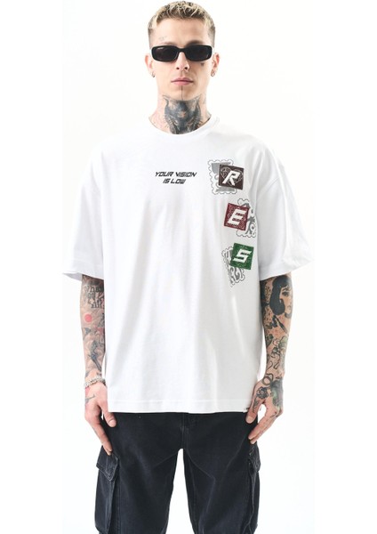 Erkek Low Vision Nakışlı Oversize T-Shirt Beyaz fiyatları