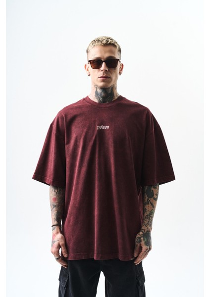 Erkek Snake Baskılı Yıkamalı Oversize T-Shirt Bordo