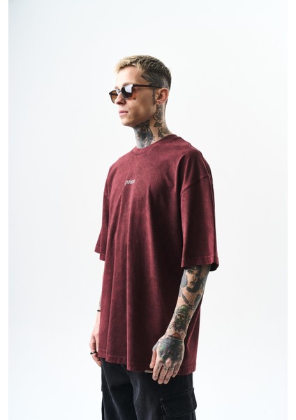 Erkek Snake Baskılı Yıkamalı Oversize T-Shirt Bordo fiyatları