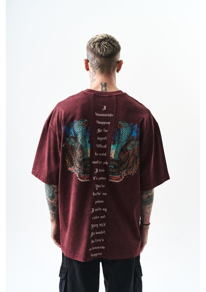 Erkek Snake Baskılı Yıkamalı Oversize T-Shirt Bordo modelleri
