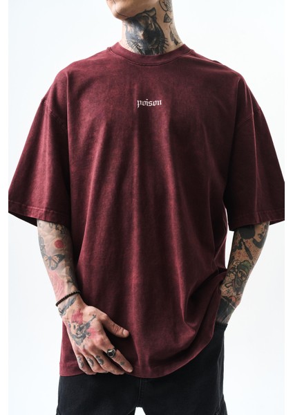 Erkek Snake Baskılı Yıkamalı Oversize T-Shirt Bordo fırsatları