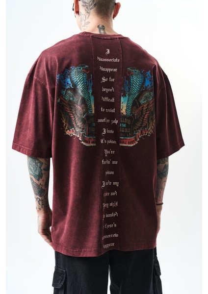 Erkek Snake Baskılı Yıkamalı Oversize T-Shirt Bordo indirimleri