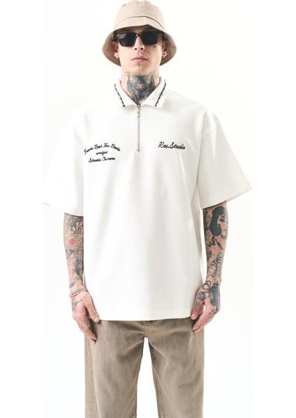 Erkek Yarım Fermuarlı Nakışlı Oversize T-Shirt Ekru