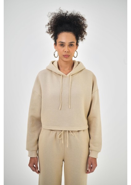 Kadın Basic Oversize Crop Hoodie Lacivert