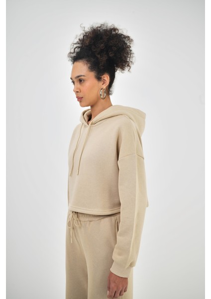 Kadın Basic Oversize Crop Hoodie Lacivert