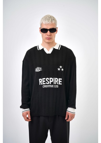 Creative Std Yazılı Polo Yaka Oversize Triko Siyah
