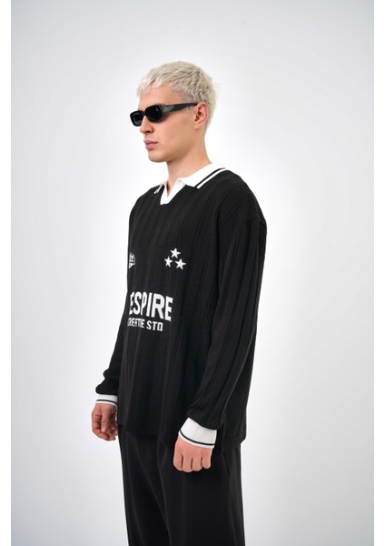 Creative Std Yazılı Polo Yaka Oversize Triko Siyah