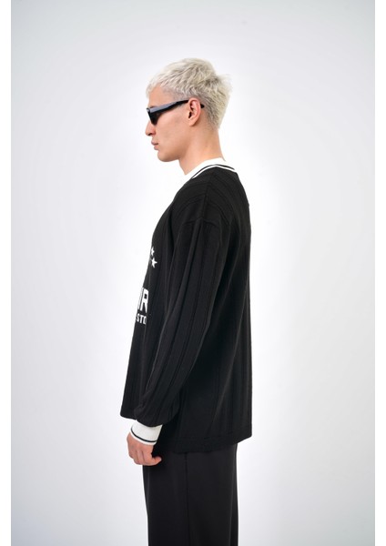 Creative Std Yazılı Polo Yaka Oversize Triko Siyah