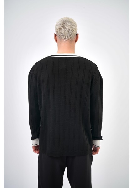 Creative Std Yazılı Polo Yaka Oversize Triko Siyah