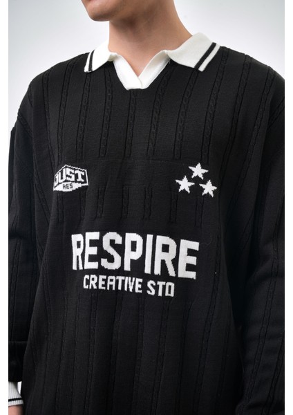 Creative Std Yazılı Polo Yaka Oversize Triko Siyah