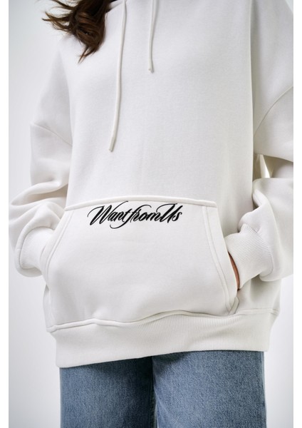 Kadın Want From Us Yazılı Oversize Hoodie Ekru
