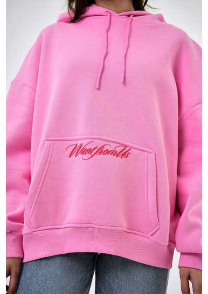 Kadın Want From Us Yazılı Oversize Hoodie Ekru
