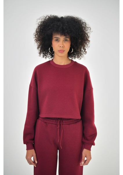 Kadın Basic Oversize Crop Sweatshirt Siyah