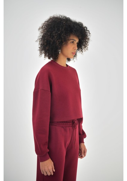 Kadın Basic Oversize Crop Sweatshirt Siyah