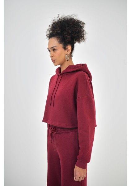 Kadın Basic Oversize Crop Hoodie Lacivert