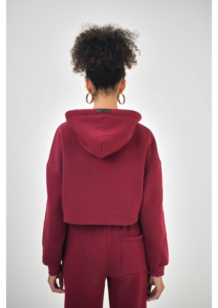 Kadın Basic Oversize Crop Hoodie Lacivert