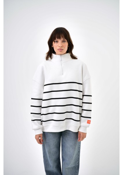 Kadın Yarım Fermuarlı Şerit Çizgi Detaylı Oversize Sweatshirt Ekru